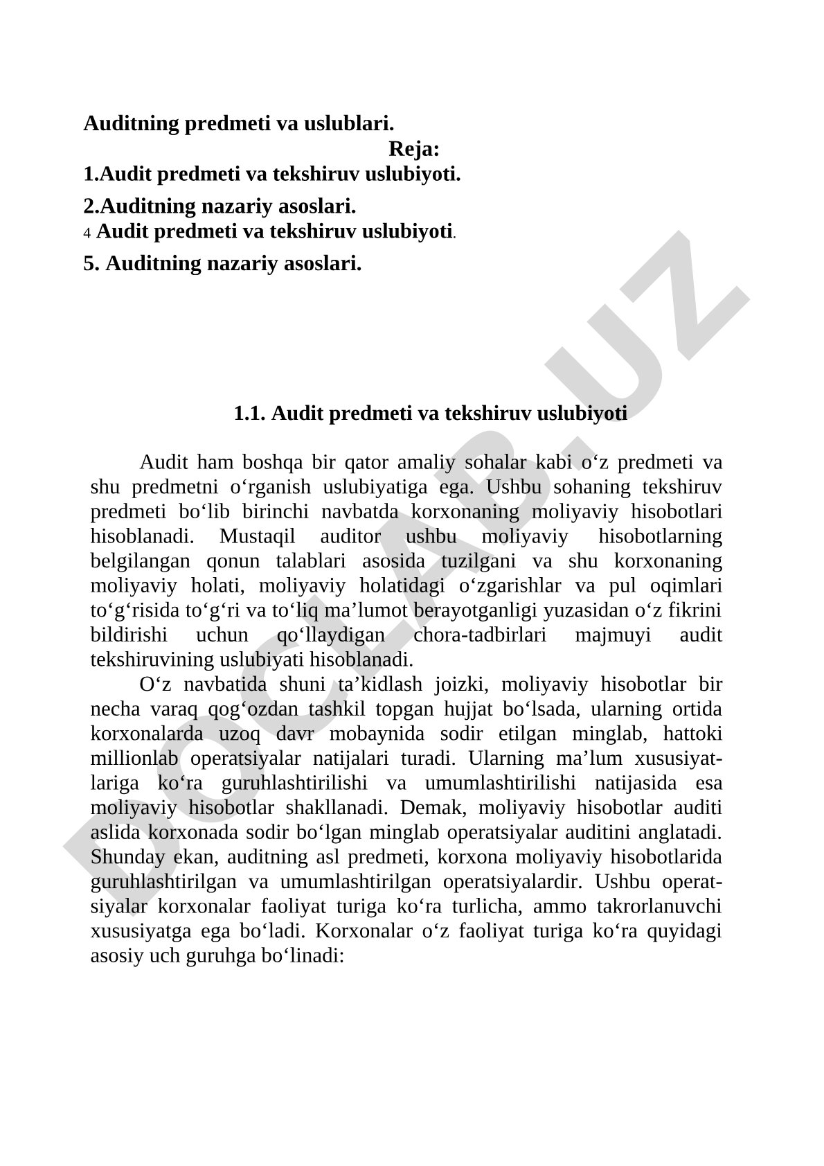 Auditning predmeti va uslublari