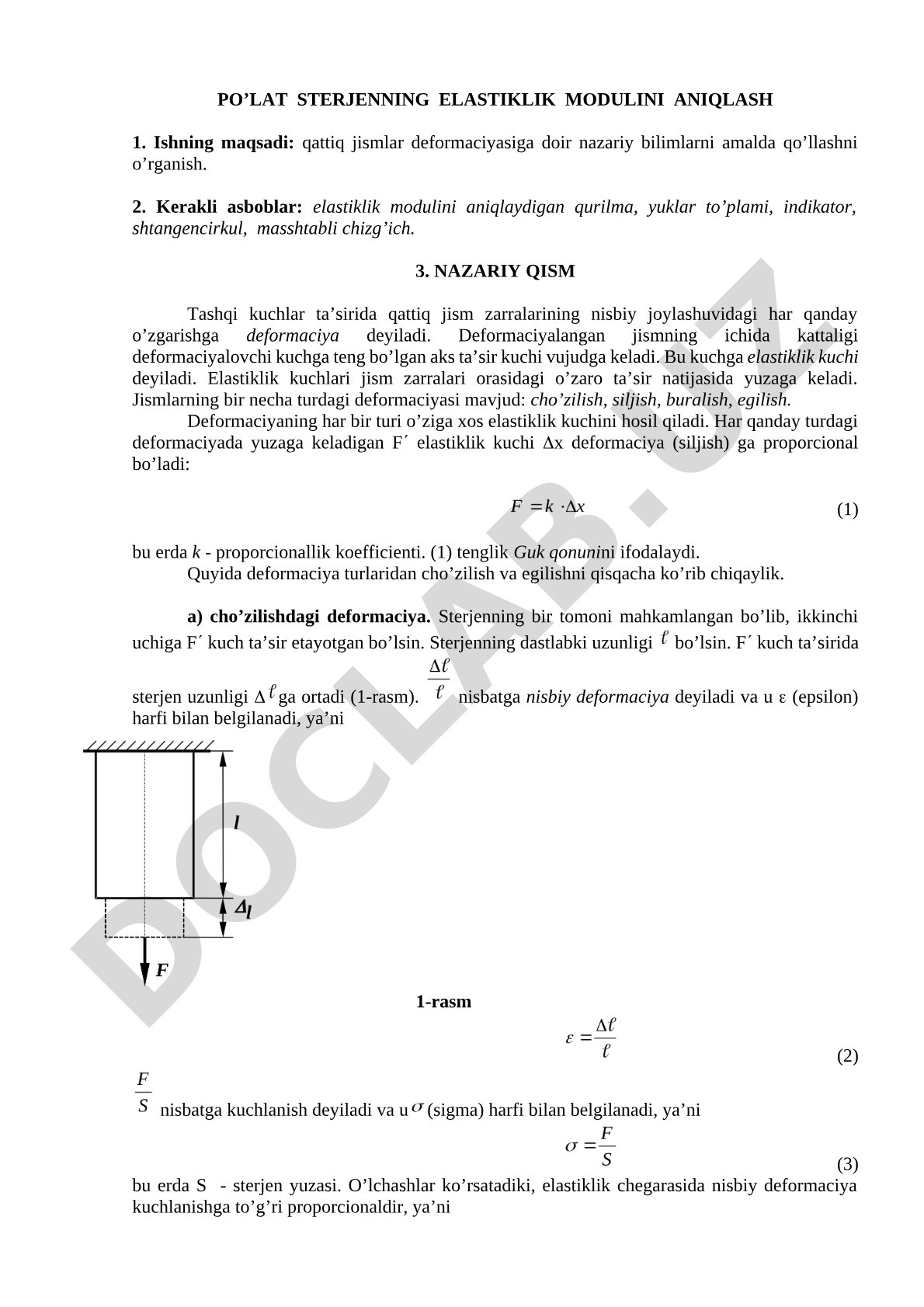 Po'lat sterjenning elastiklik modulini aniqlash