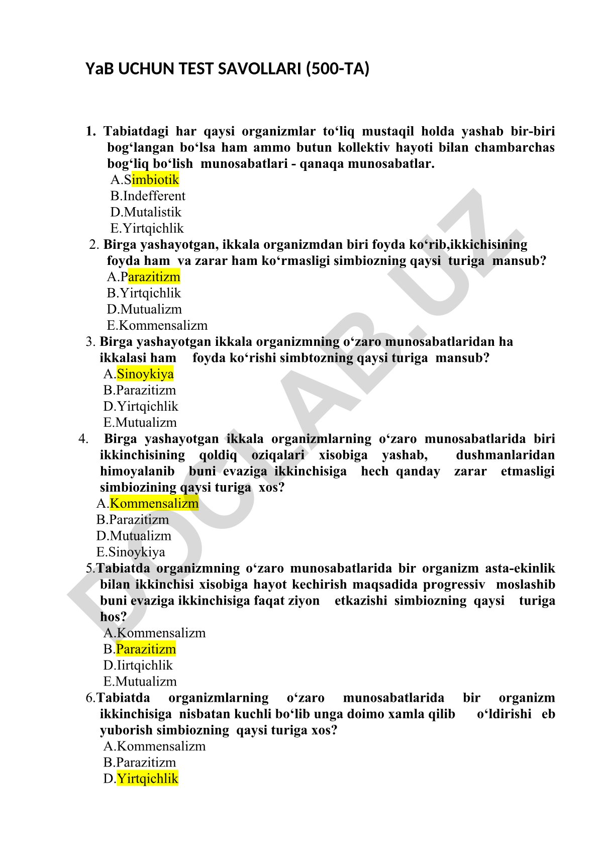YaB uchun test savollari (500 ta)