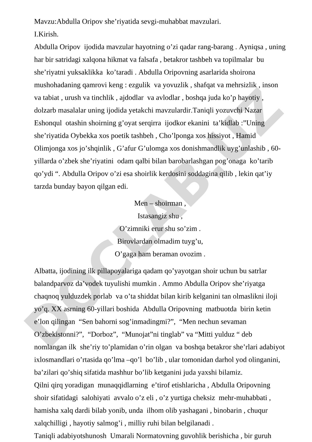 Abdulla Oripov she’riyatida sevgi-muhabbat mavzulari