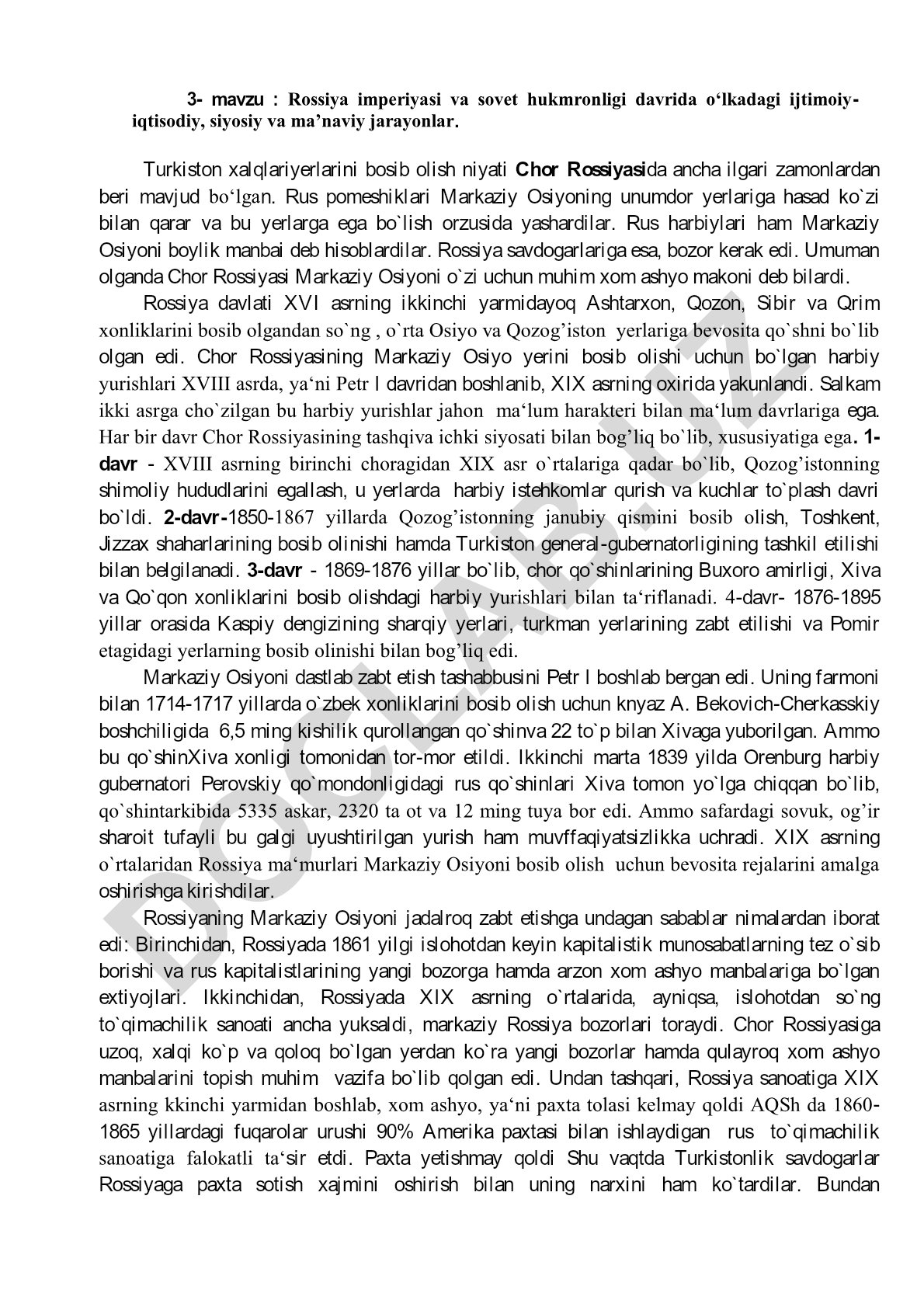 Rossiya imperiyasi va sovet hukmronligi davrida Turkiston xalqlarining ijtimoiy-iqtisodiy, siyosiy va ma'naviy jarayonlari