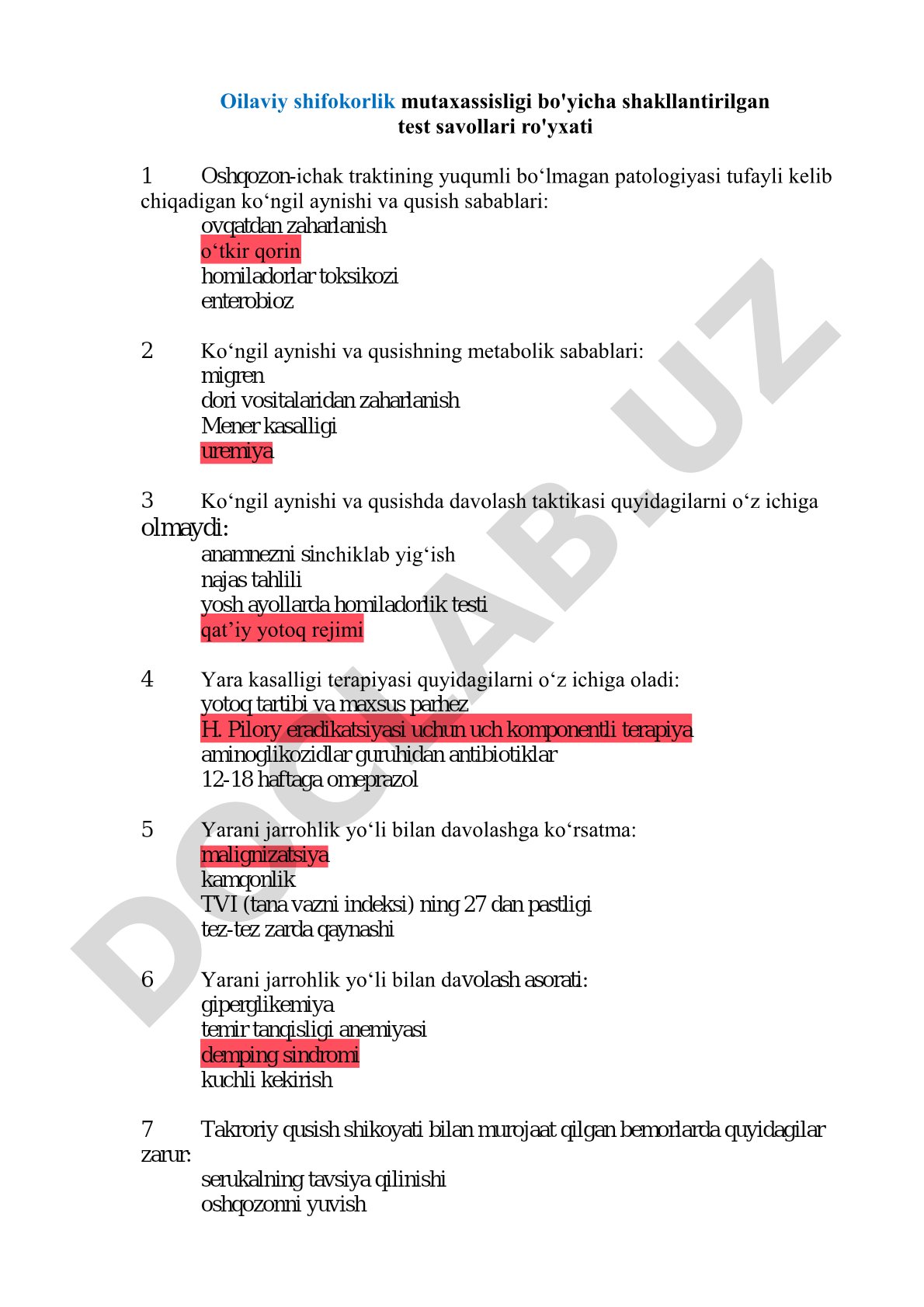 Oilaviy shifokorlik mutaxassisligi bo'yicha test savollari