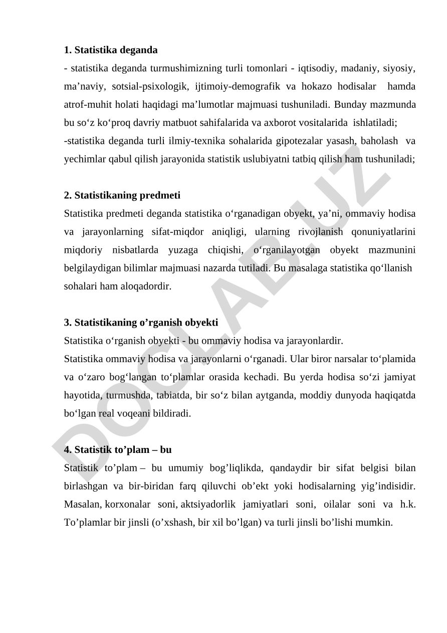 Statistika predmeti va o'rganish obyektlari