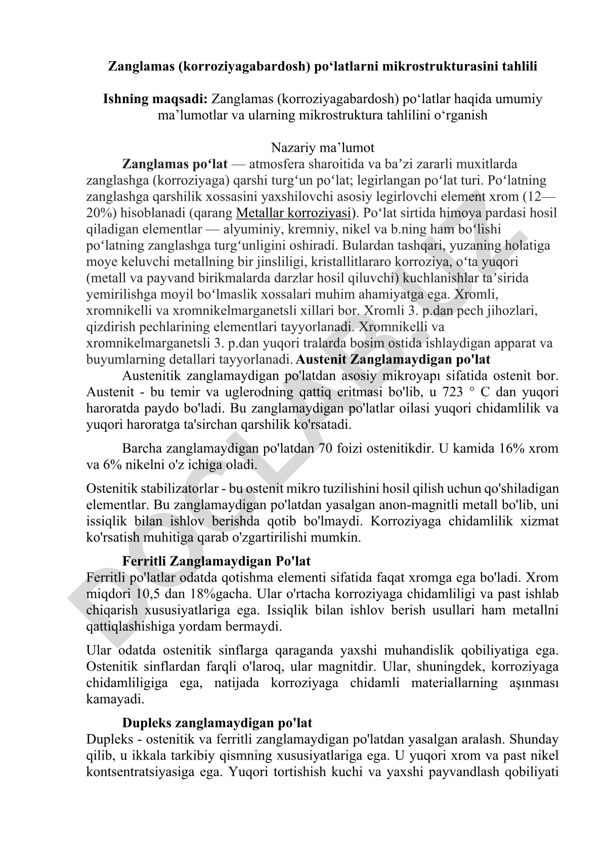 Zanglamas po'latlarning mikrostruktura tahlili