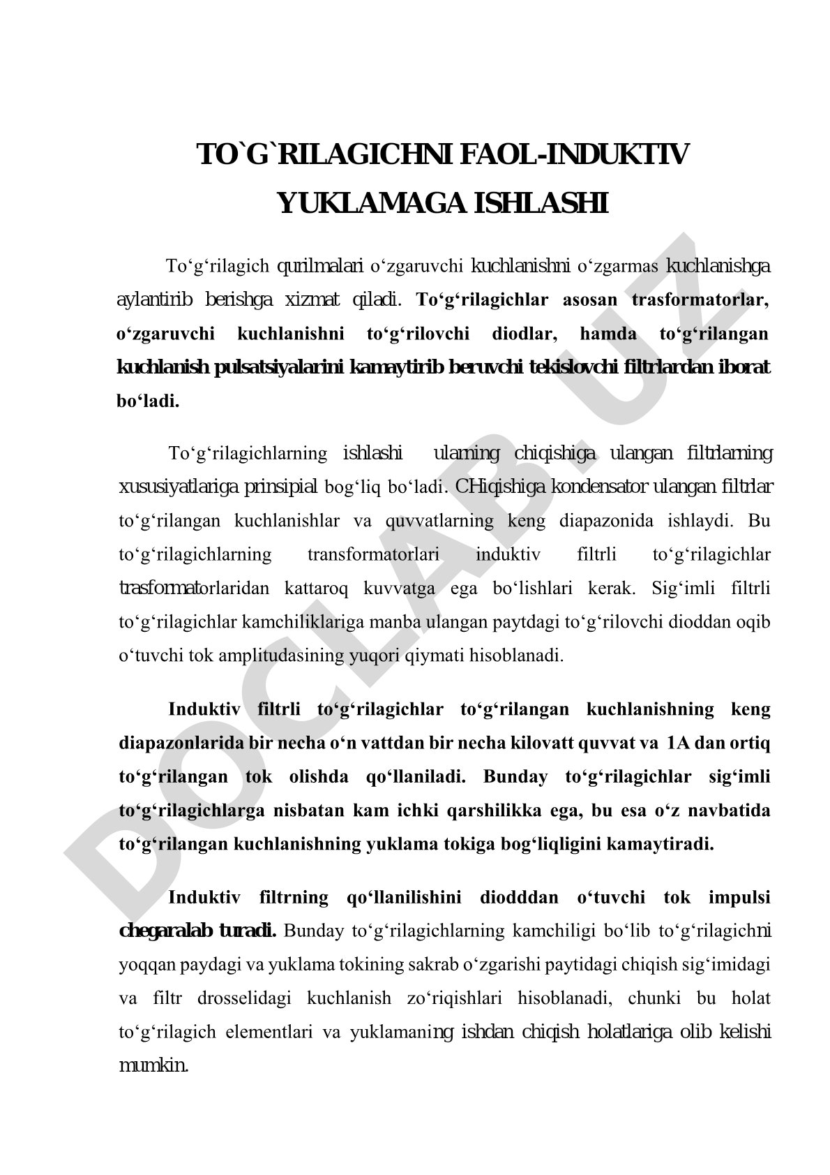 To‘g‘rilagichni faol-induktiv yuklamaga ishlashi