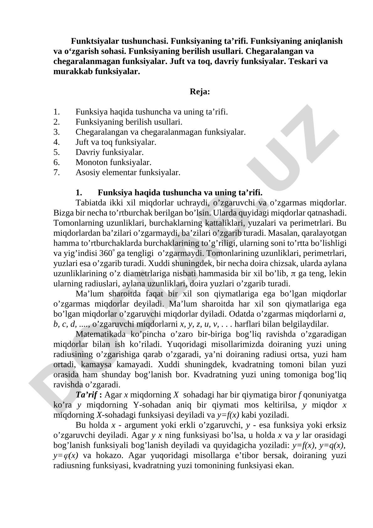 Funksiyalar tushunchasi va ularning turlari