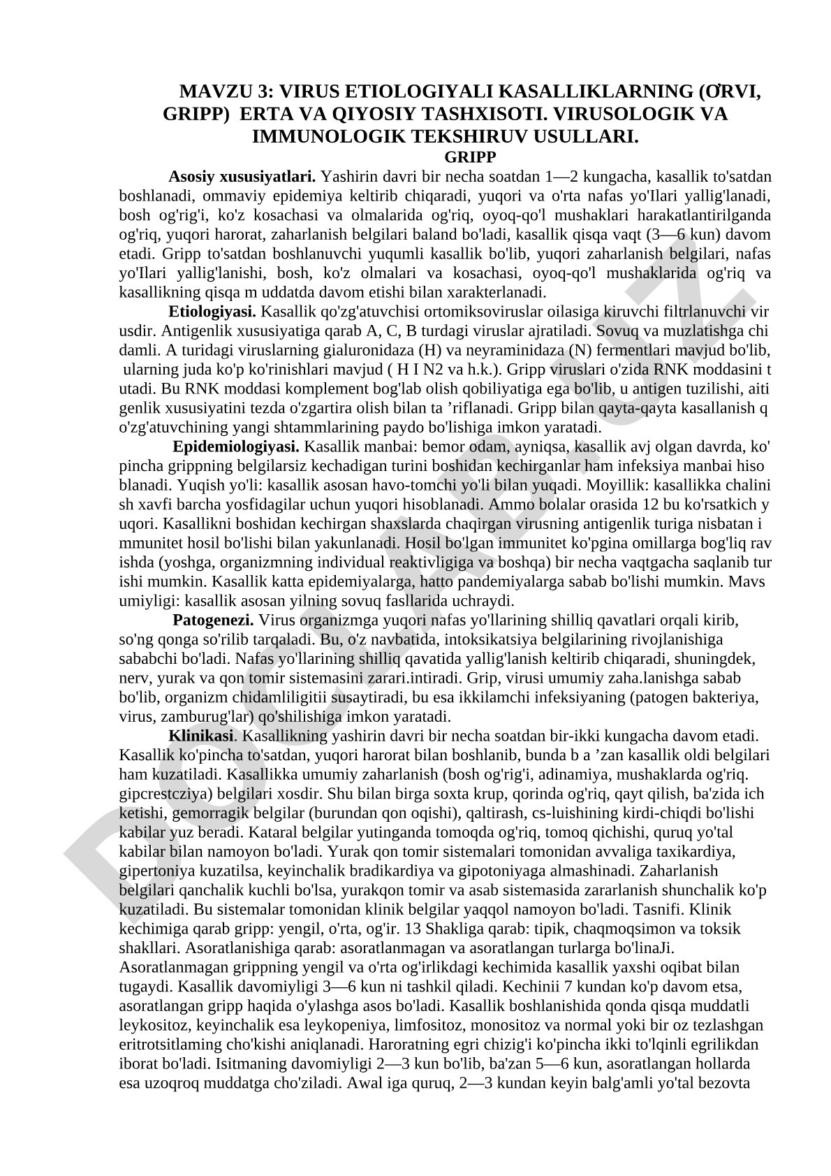 Virus etiologiyali kasalliklarning (O'RVI, gripp) erta va qiyosiy tashxisoti
