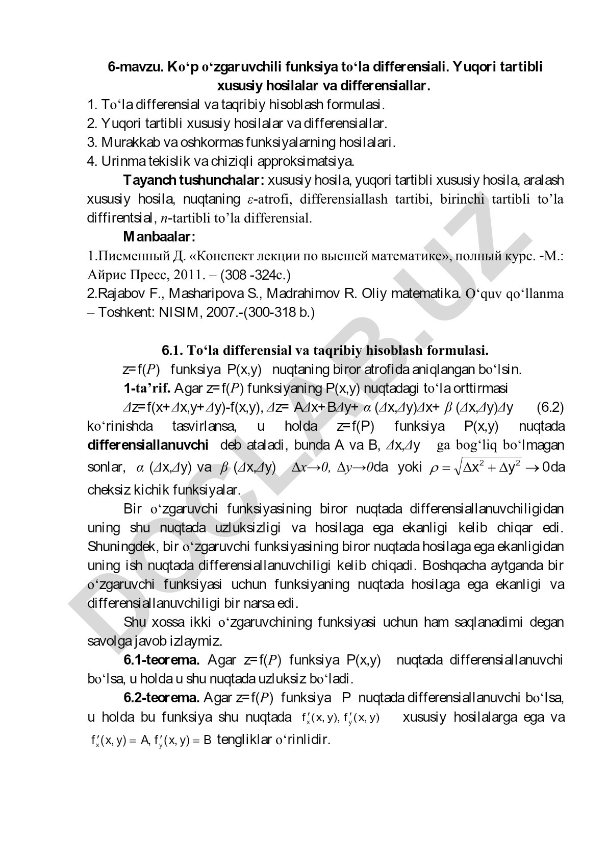 Ko‘p o‘zgaruvchili funksiya to‘la differensiali va yuqori tartibli xususiy hosilalar