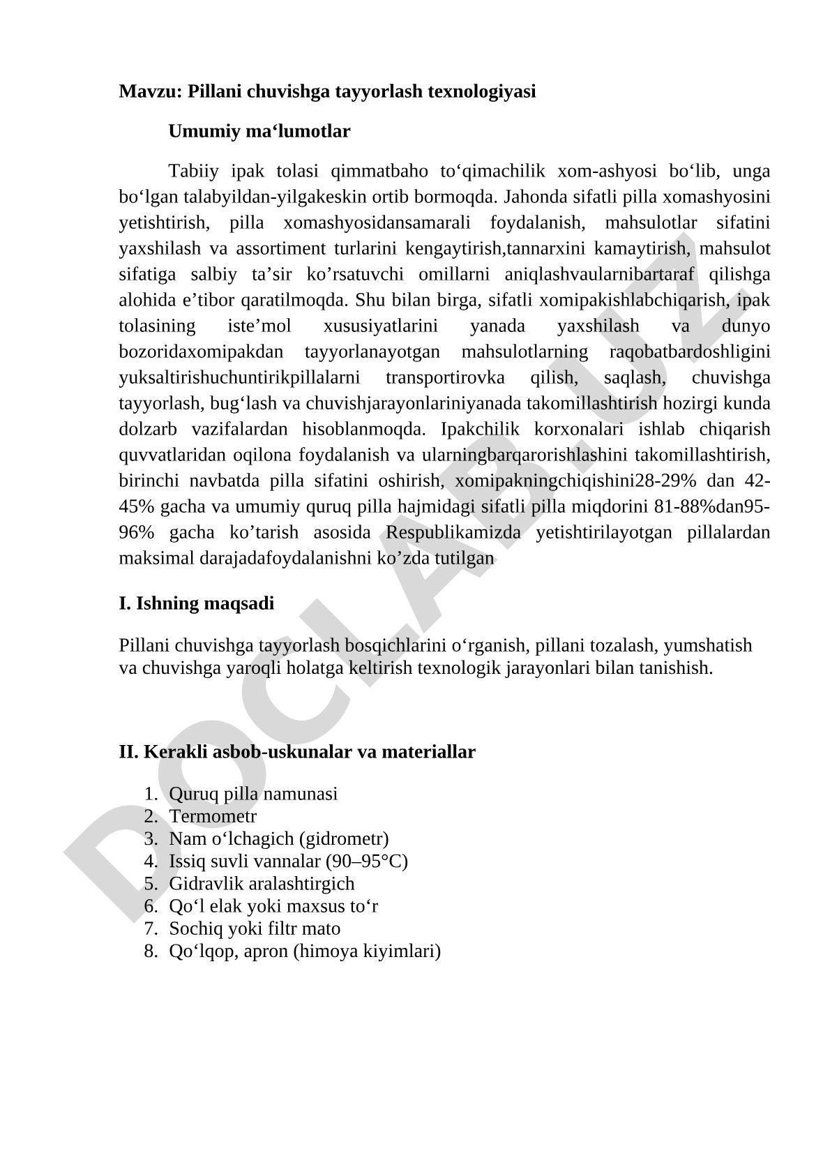 Pillani chuvishga tayyorlash texnologiyasi