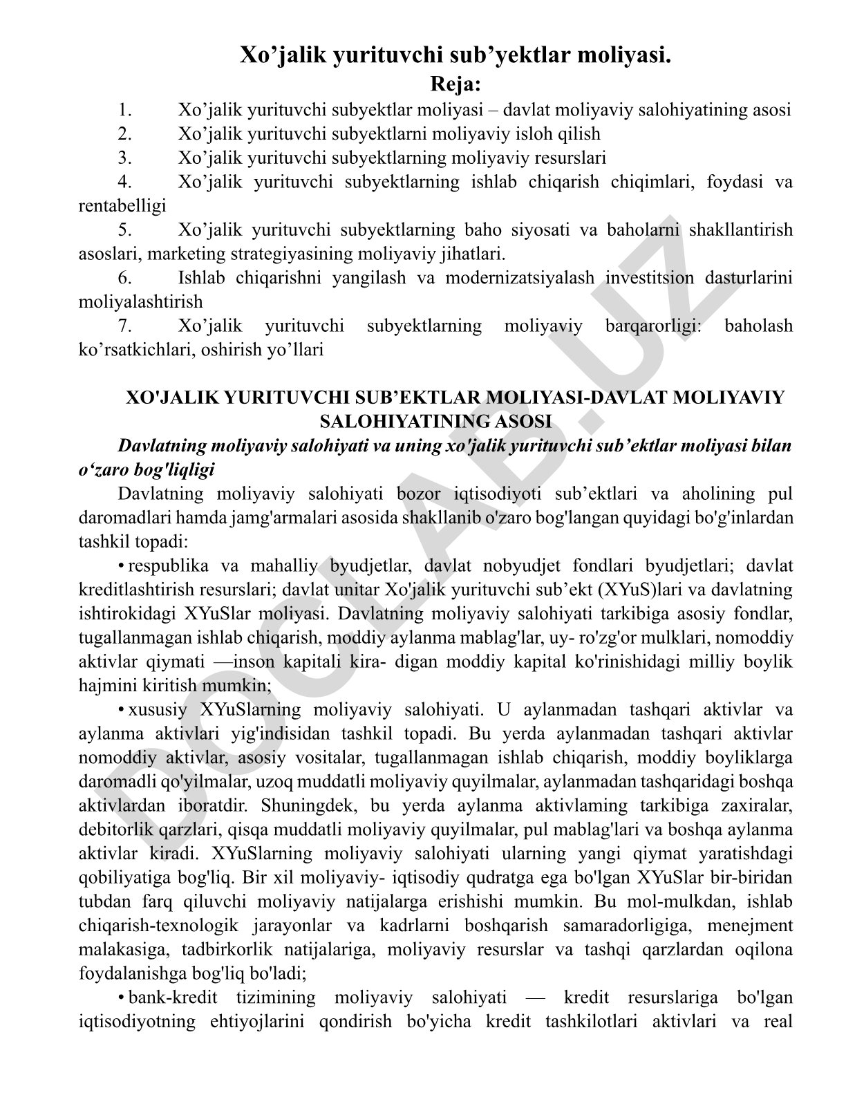 Xo'jalik yurituvchi sub'ektlar moliyasi va davlat moliyaviy salohiyati