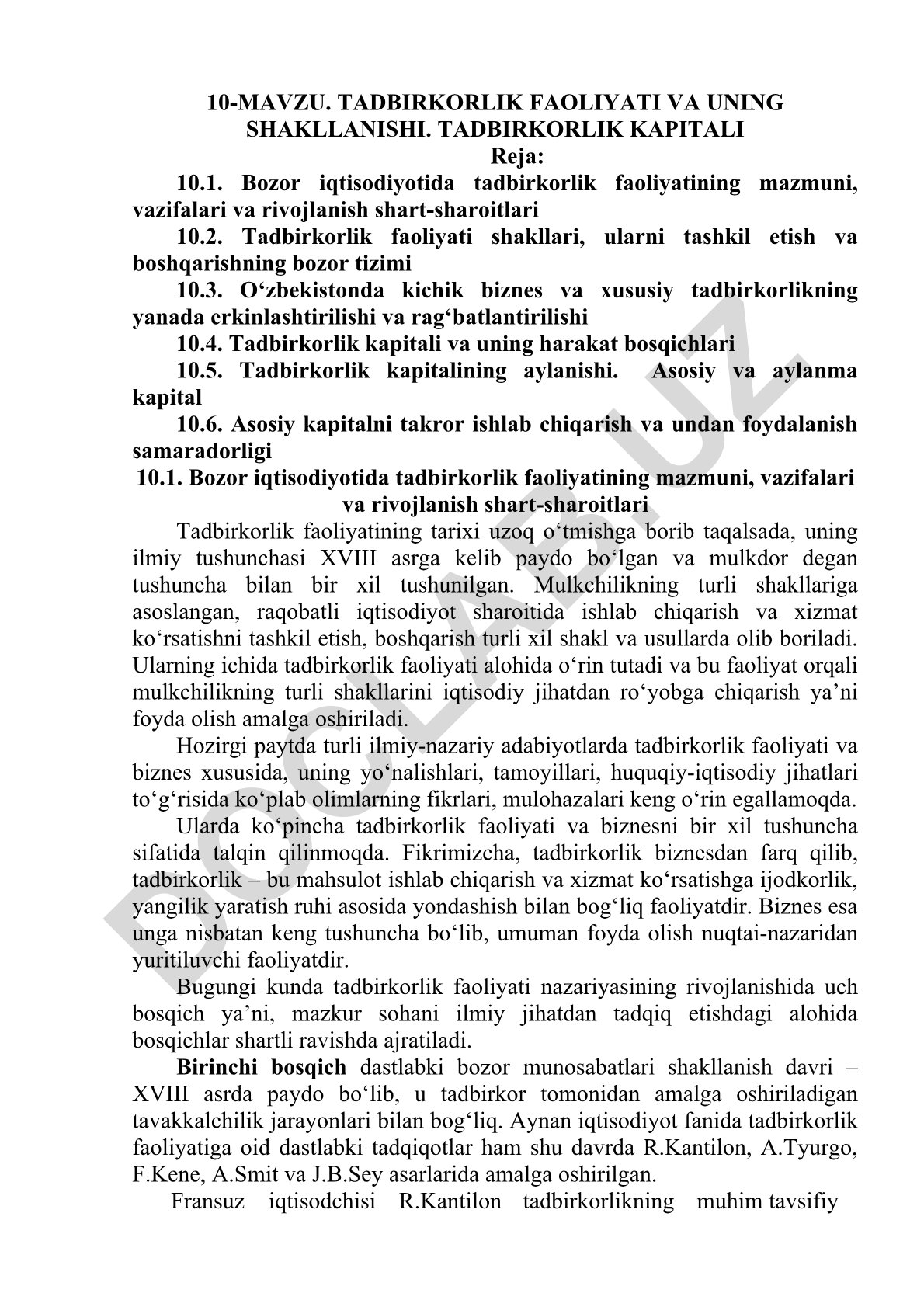 Tadbirkorlik faoliyati va uning shakllanishi. Tadbirkorlik kapitali