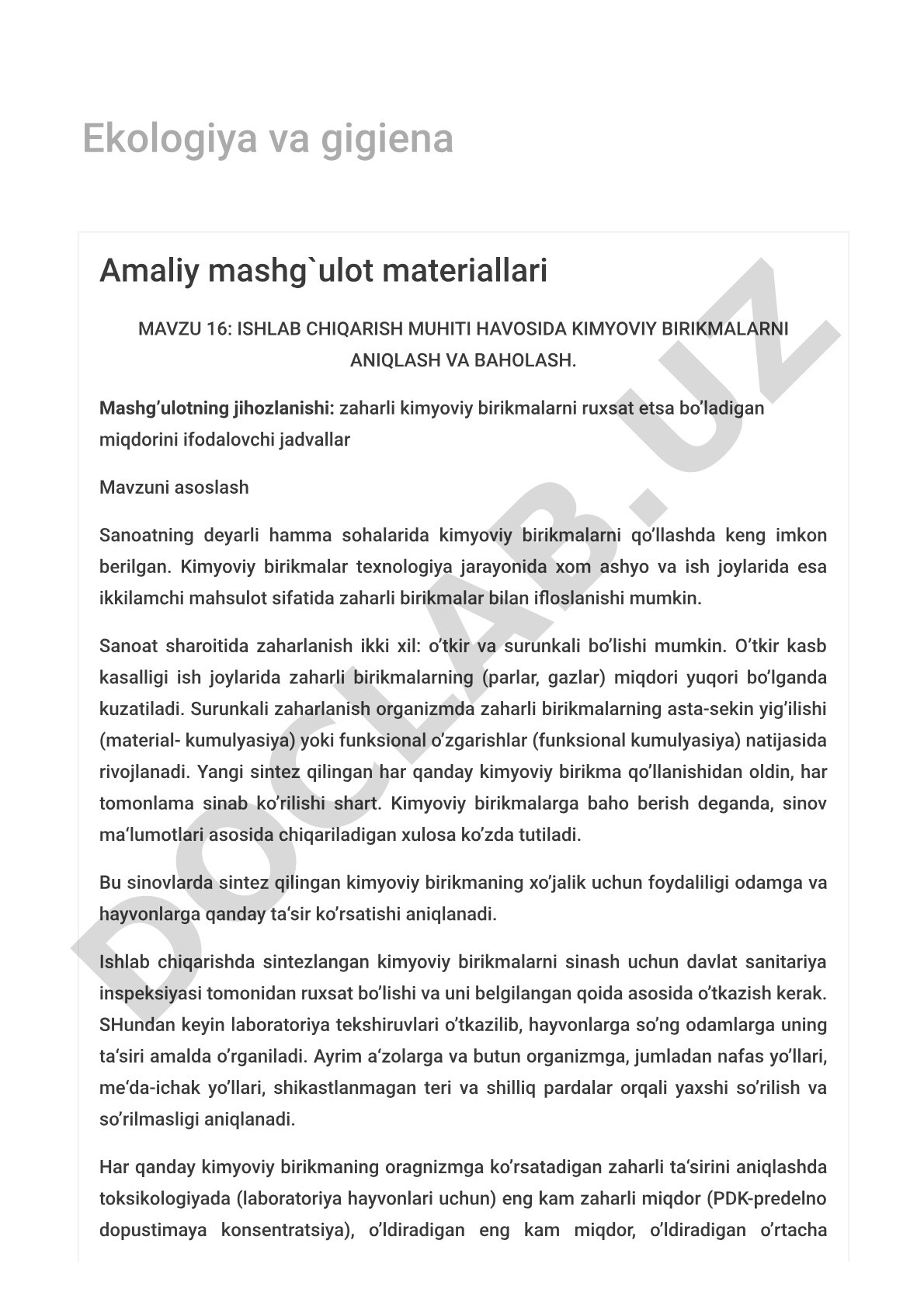 Ishlab chiqarish muhiti havosida kimyoviy birikmalarni aniqlash va baholash