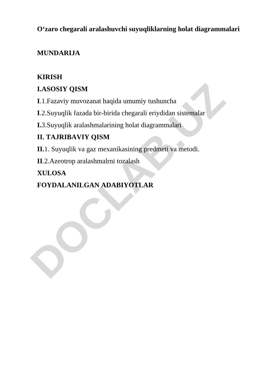O‘zaro chegarali aralashuvchi suyuqliklarning holat diagrammalari