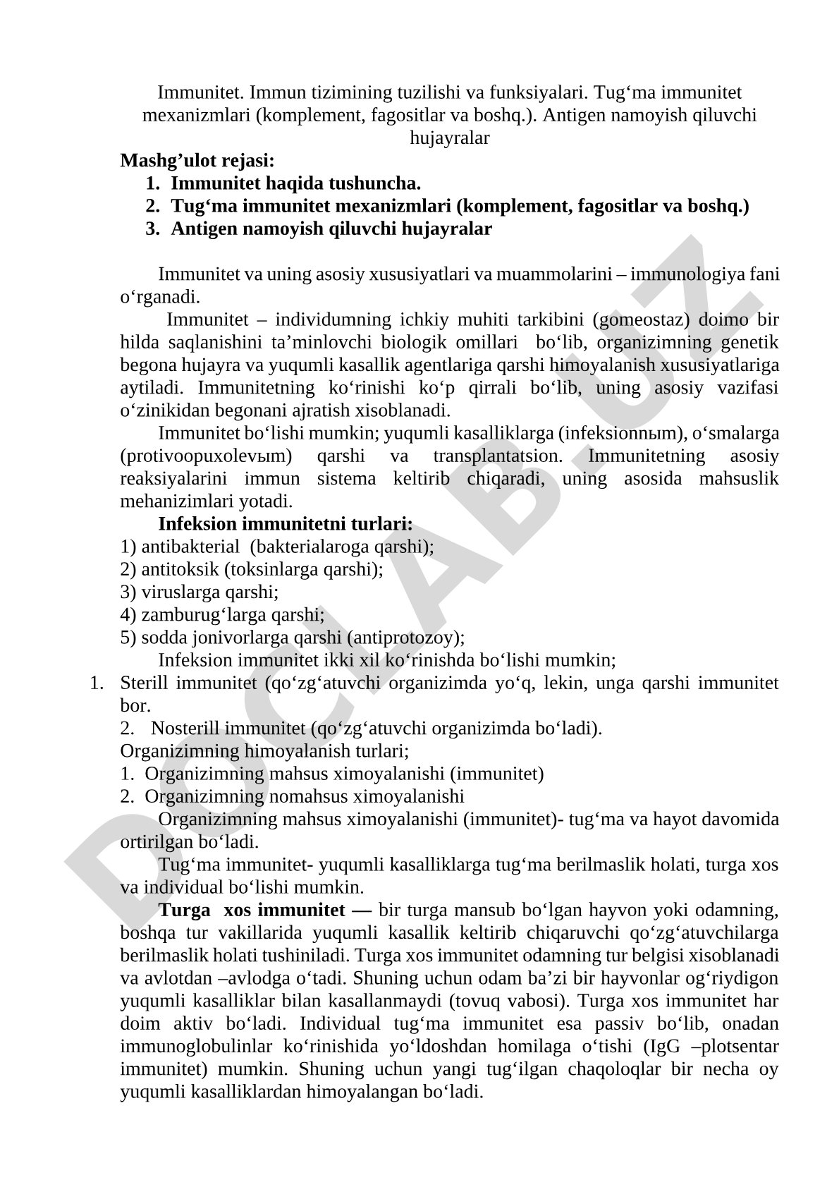 Immunitet. Immun tizimining tuzilishi va funksiyalari