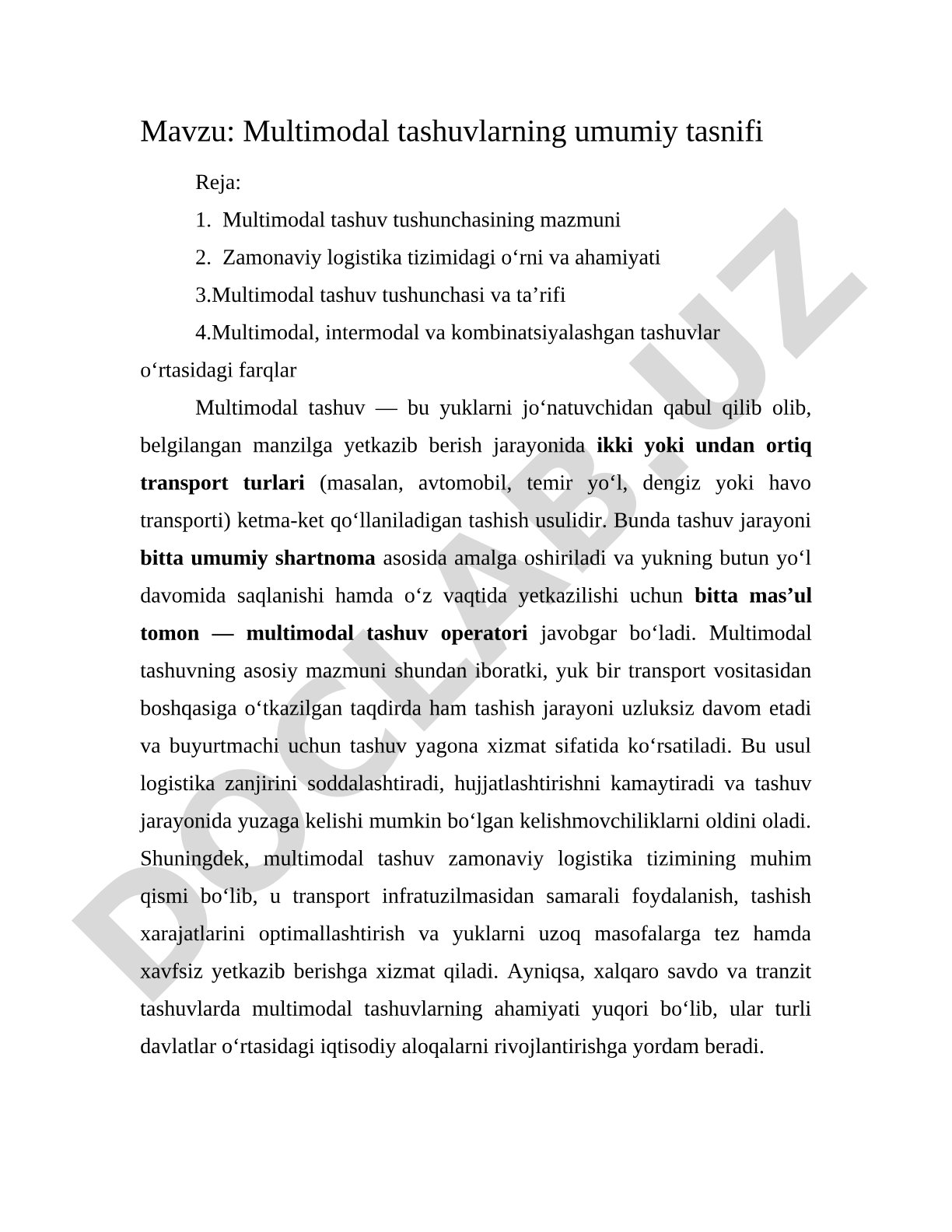 Multimodal tashuvlarning umumiy tasnifi
