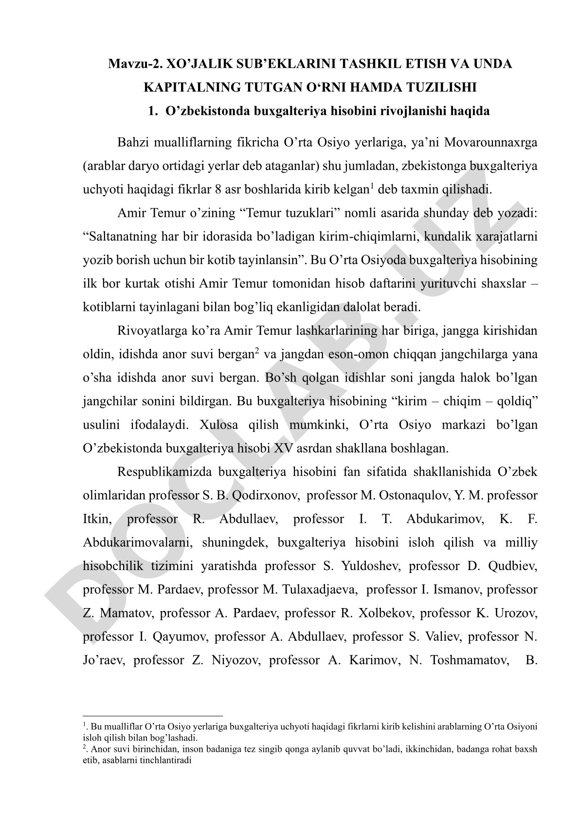 Xo'jalik sub'ektlarini tashkil etish va unda kapitalning tutgan o'rni hamda tuzilishi