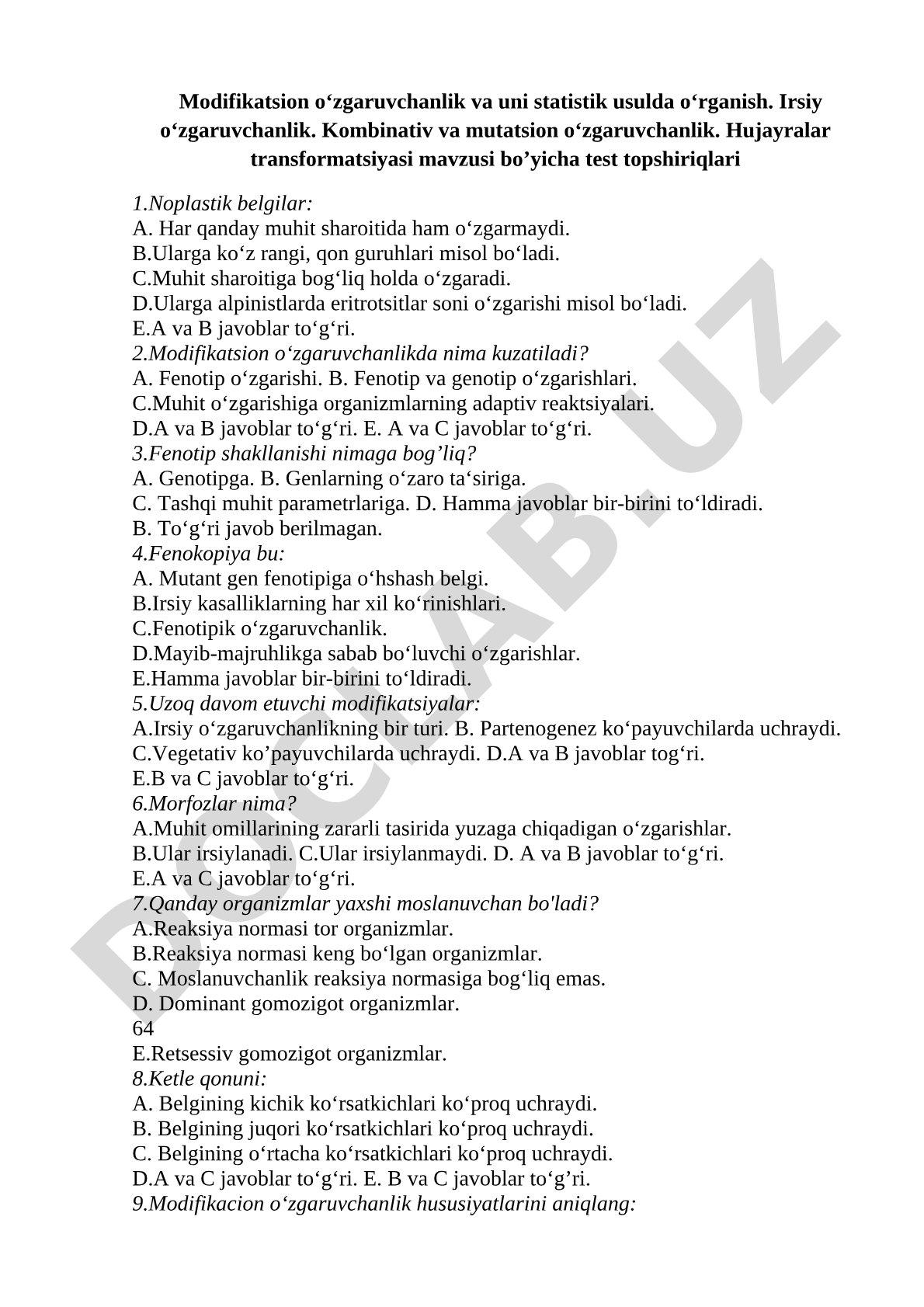 Modifikatsion o‘zgaruvchanlik va uni statistik usulda o‘rganish