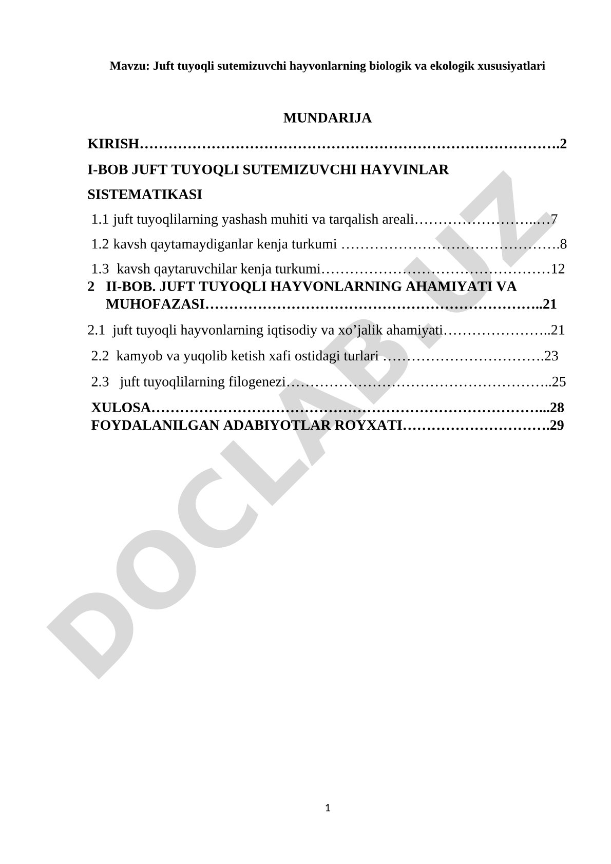 Juft tuyoqli sutemizuvchi hayvonlarning biologik va ekologik xususiyatlari