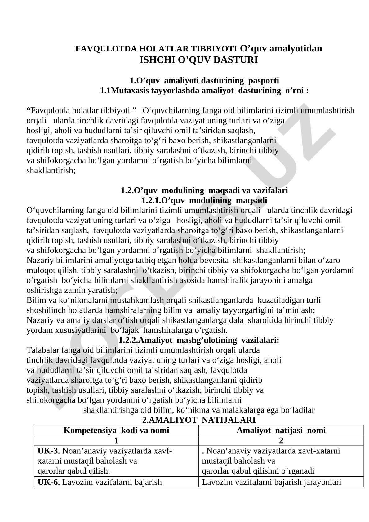 Favqulotda holatlar tibbiyoti o‘quv amalyotidan ishchi o‘quv dasturi