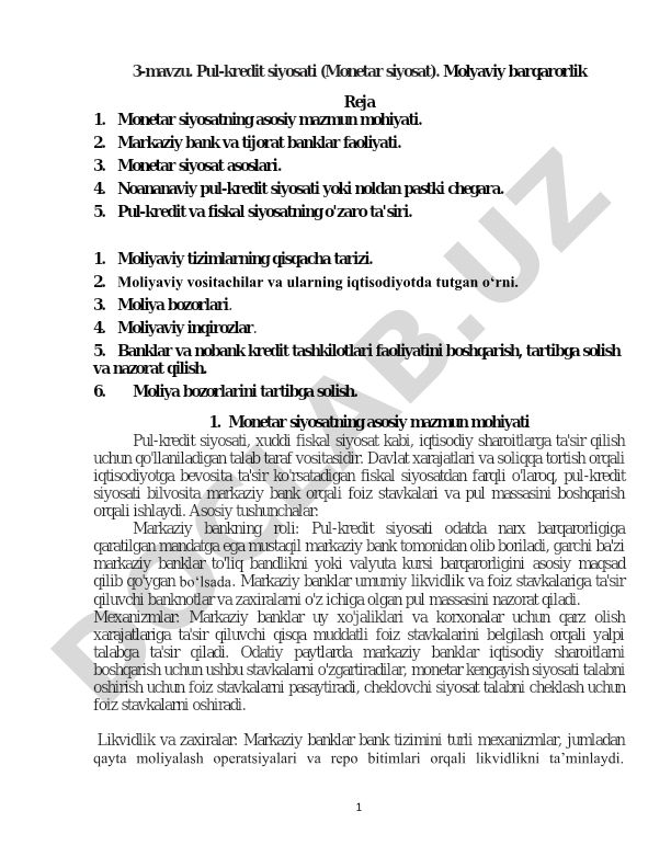 Pul-kredit siyosati (Monetar siyosat) va moliyaviy barqarorlik