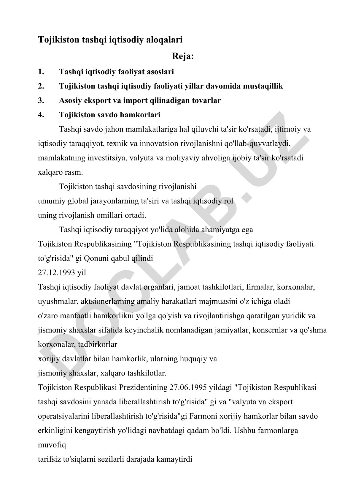 Tojikiston tashqi iqtisodiy aloqalari