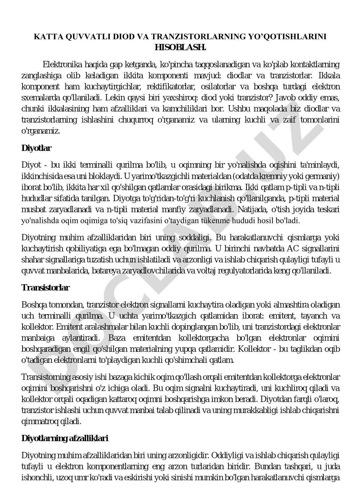 Katta quvvatli diod va tranzistorlarning yo'qotishlarini hisoblash