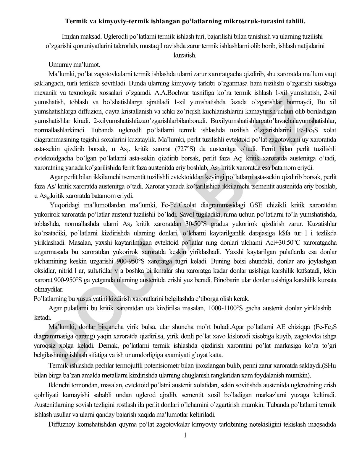 Termik va kimyoviy-termik ishlangan po'latlarning mikrostrukturasi tahlili