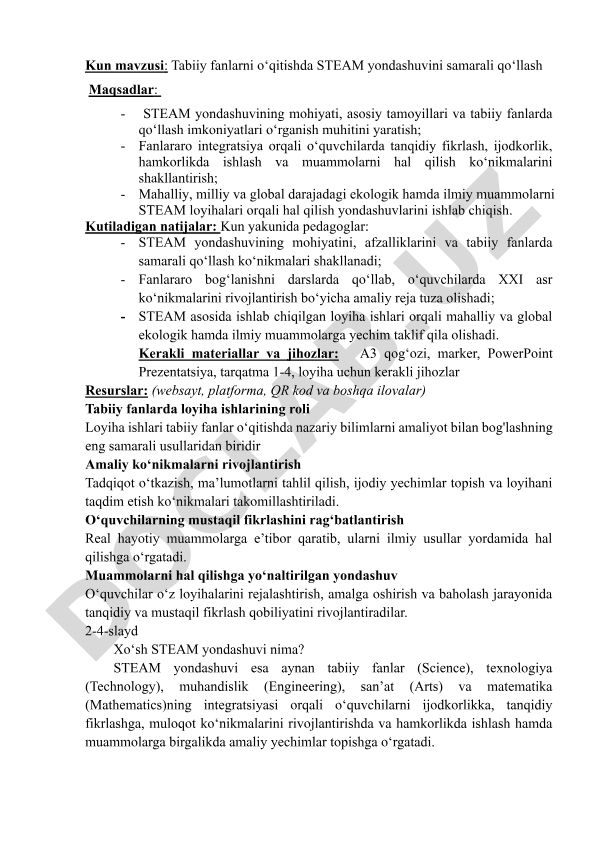 Tabiiy fanlarni o‘qitishda STEAM yondashuvini samarali qo‘llash