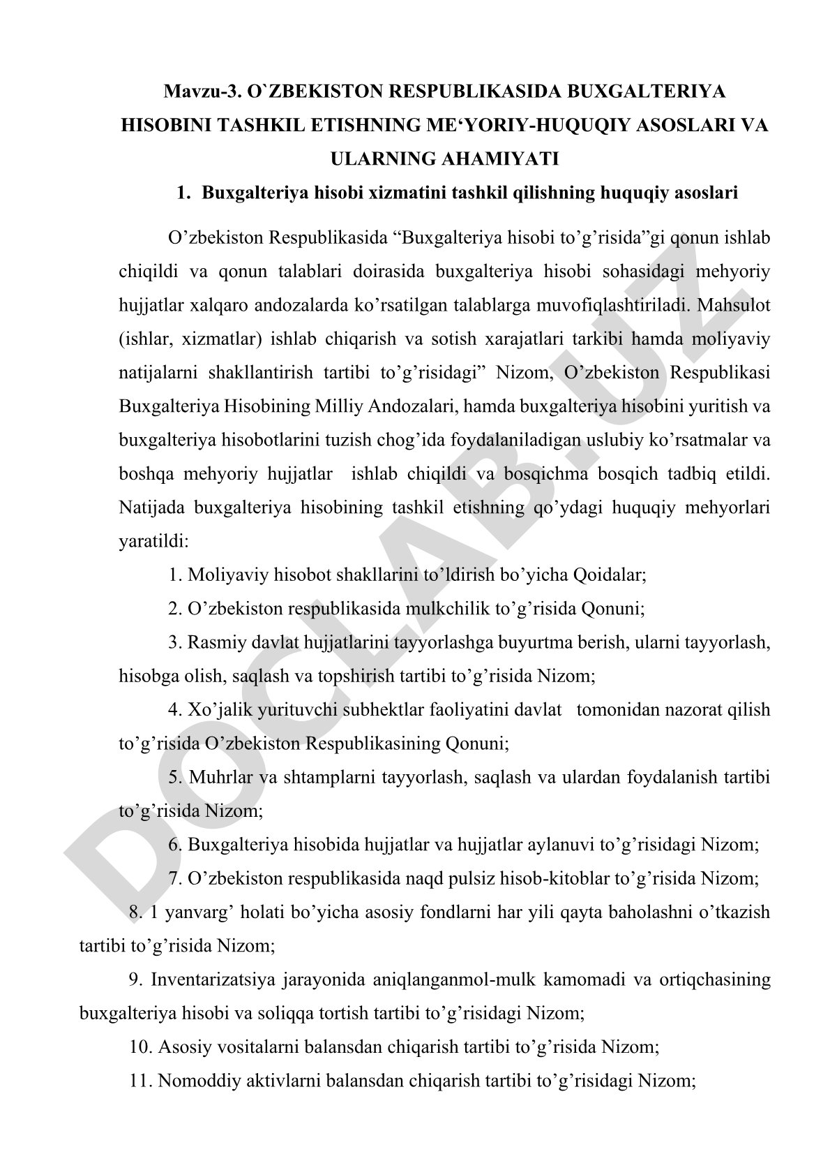 O'zbekiston Respublikasida buxgalteriya hisobini tashkil etishning me'yoriy-huquqiy asoslari va ularning ahamiyati