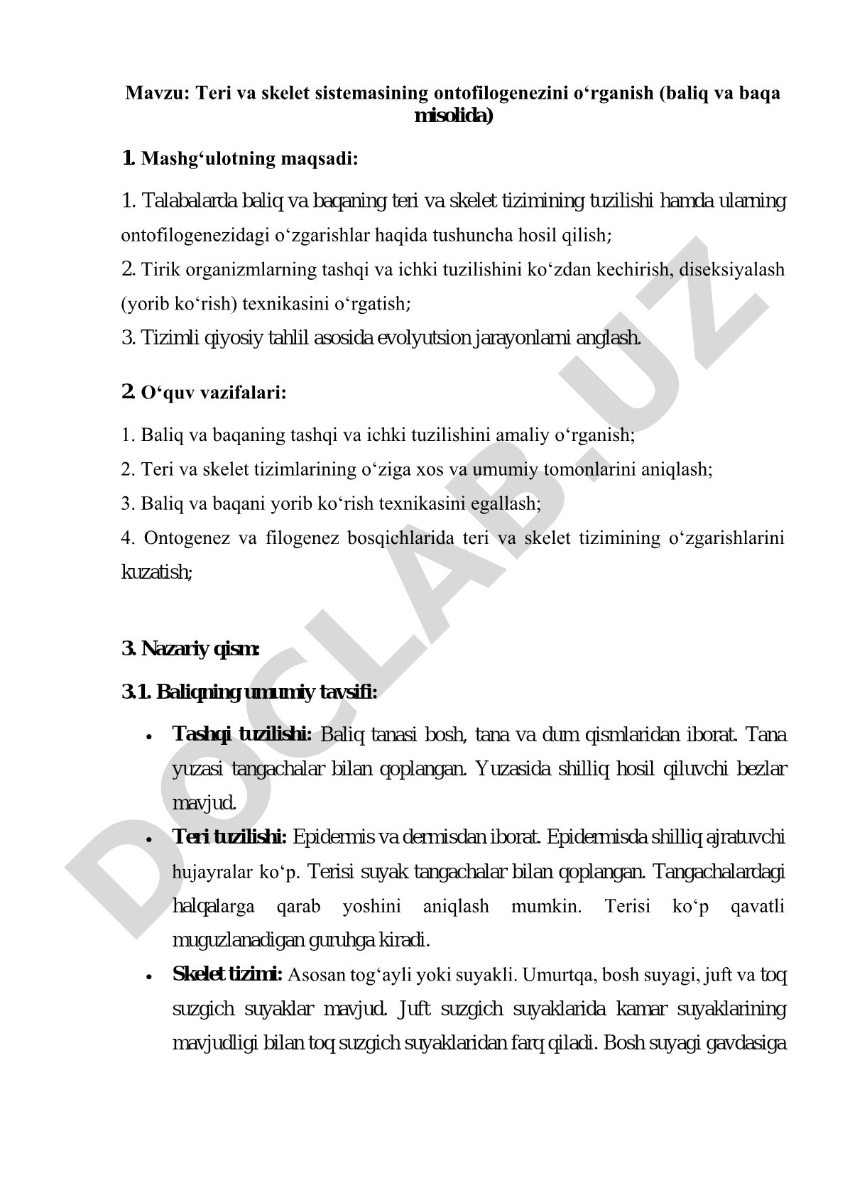 Teri va skelet sistemasining ontofilogenezini o‘rganish (baliq va baqa misolida)