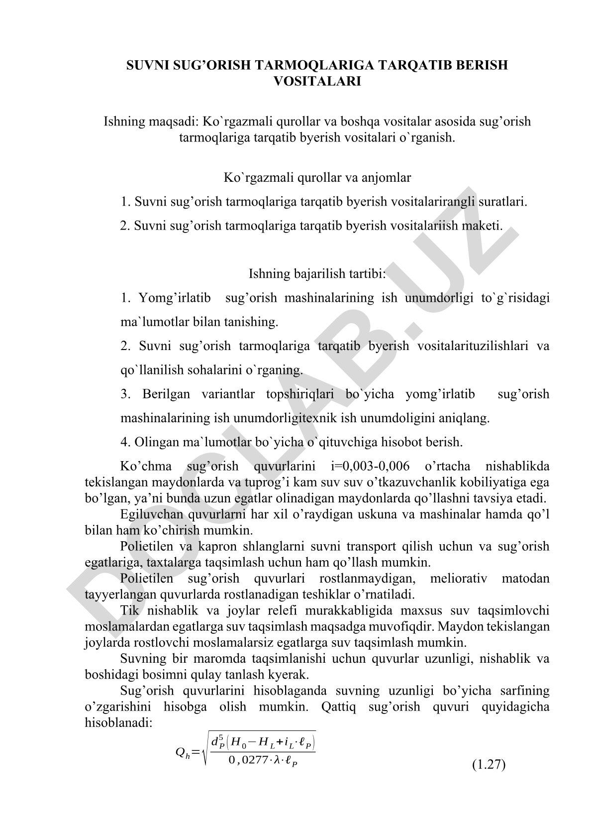 Suvni sug'orish tarmoqlariga tarqatib berish vositalari