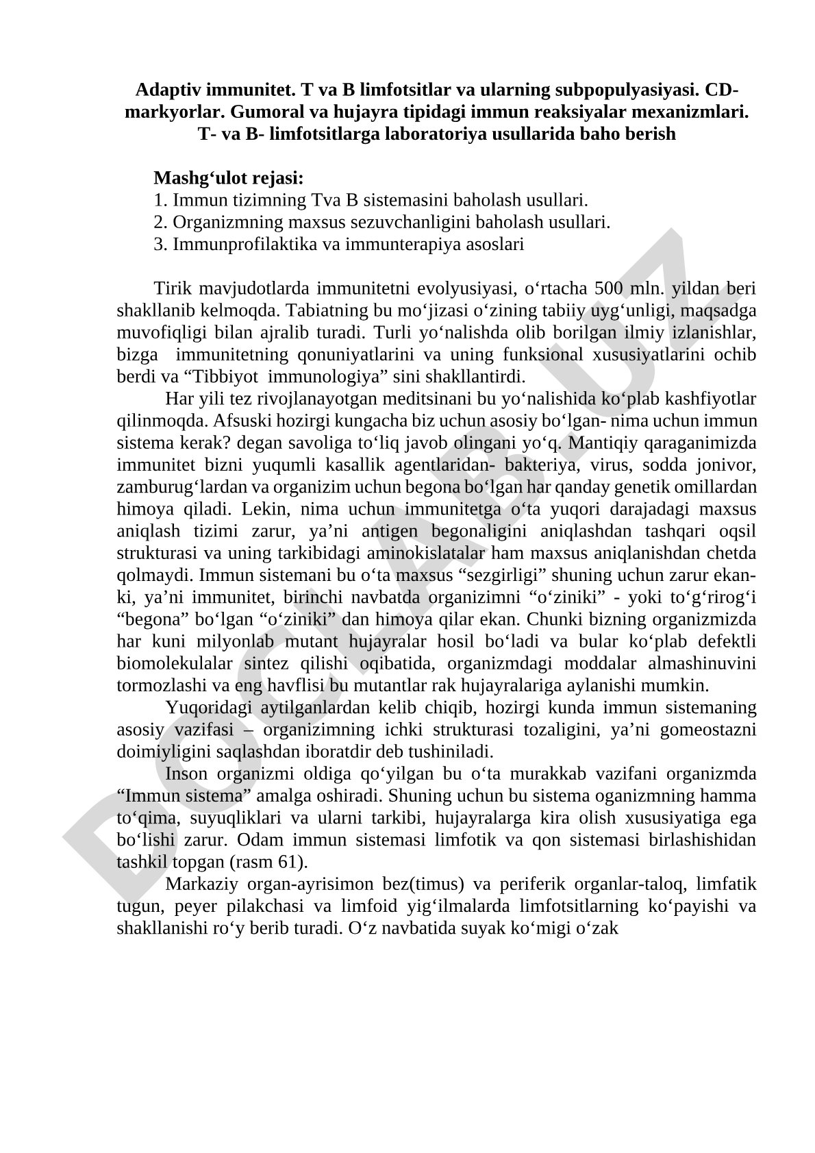 Adaptiv immunitet. T va B limfotsitlar va ularning subpopulyasiyasi. CD-markyorlar. Gumoral va hujayra tipidagi immun reaksiyalar mexanizmlari