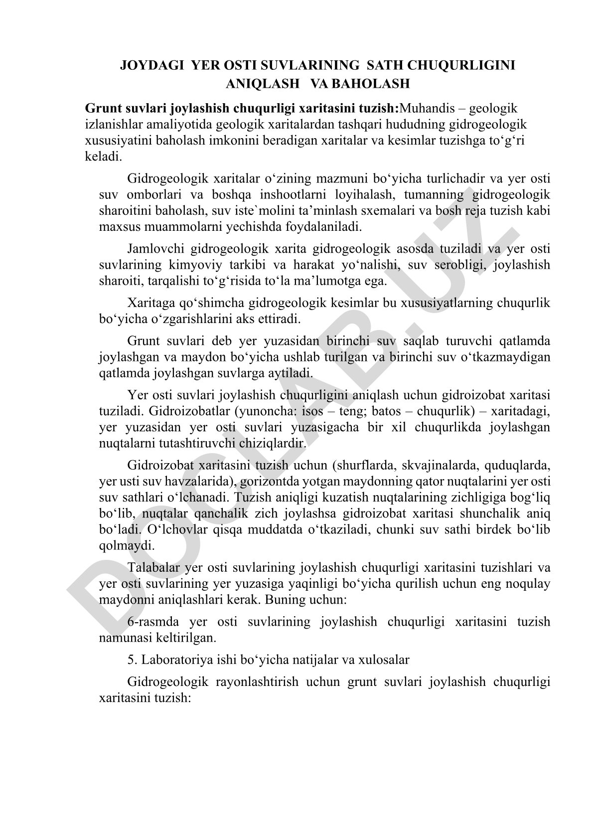 Joydagi yer osti suvlarining sath chuqurligini aniqlash va baholash