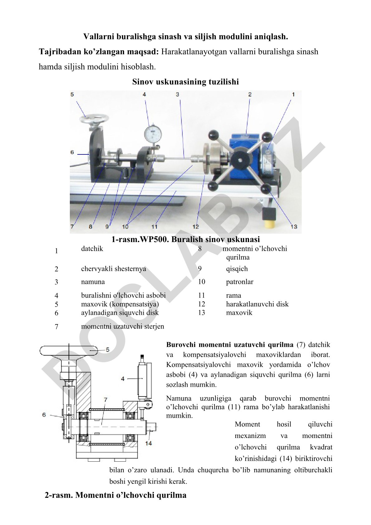 Vallarni buralishga sinash va siljish modulini aniqlash