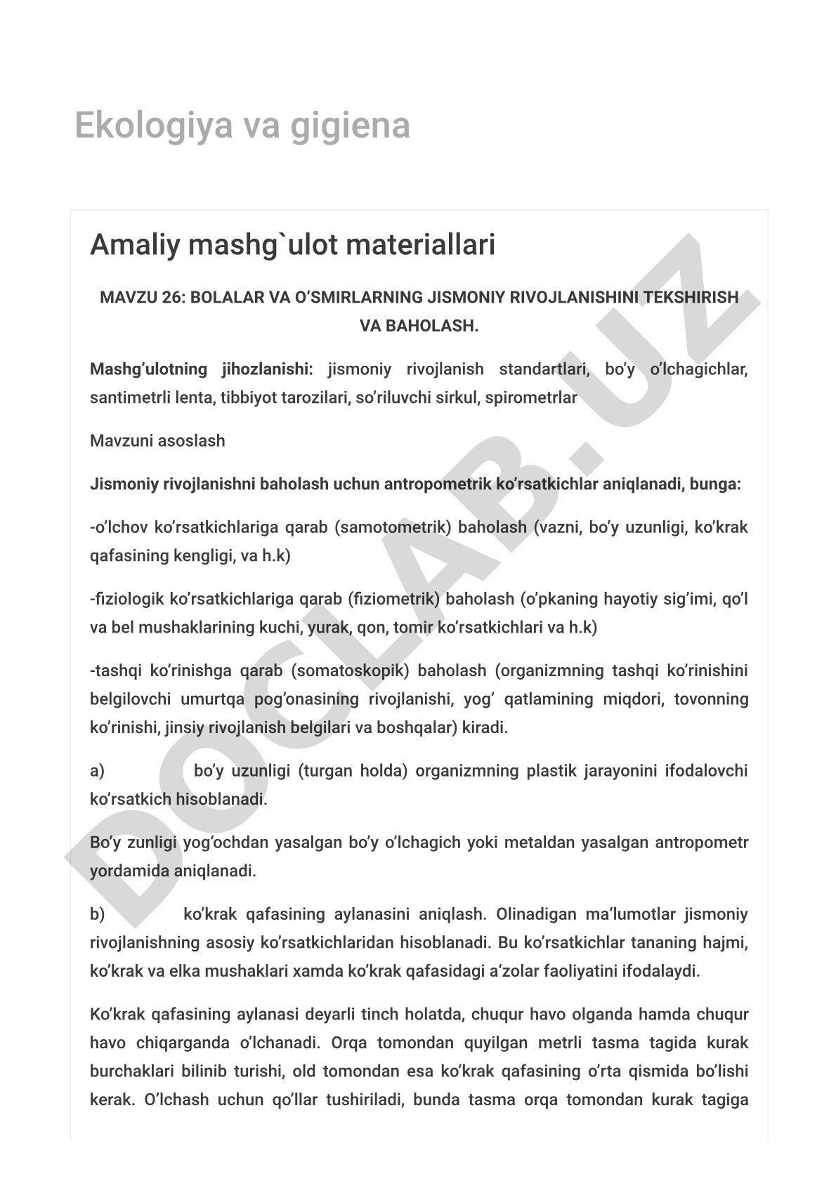 Bolalar va o'smirlarning jismoniy rivojlanishini tekshirish va baholash