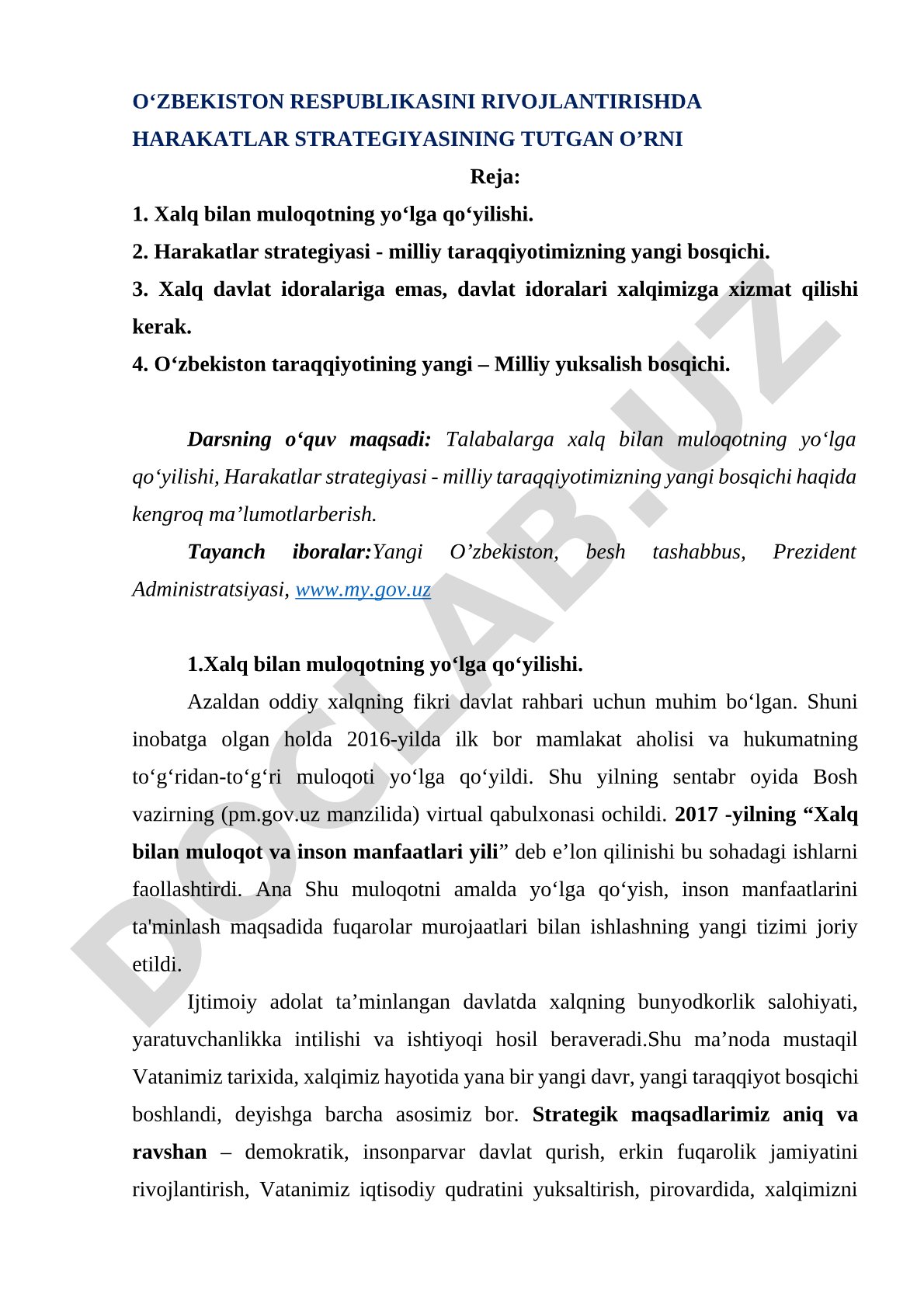 O‘zbekiston Respublikasini rivojlantirishda Harakatlar strategiyasining tutgan o‘rni