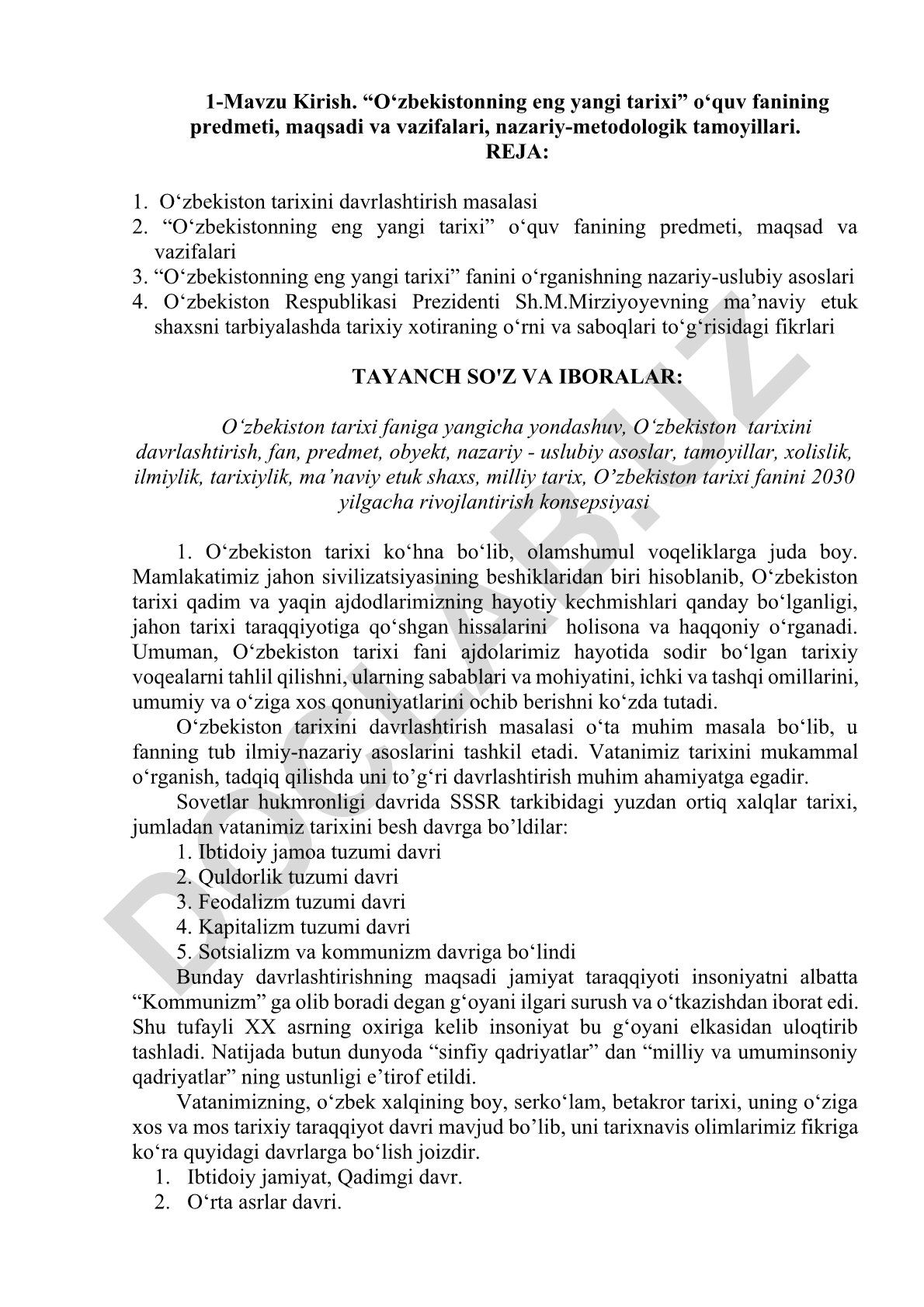 O‘zbekistonning eng yangi tarixi o‘quv fanining predmeti, maqsadi va vazifalari
