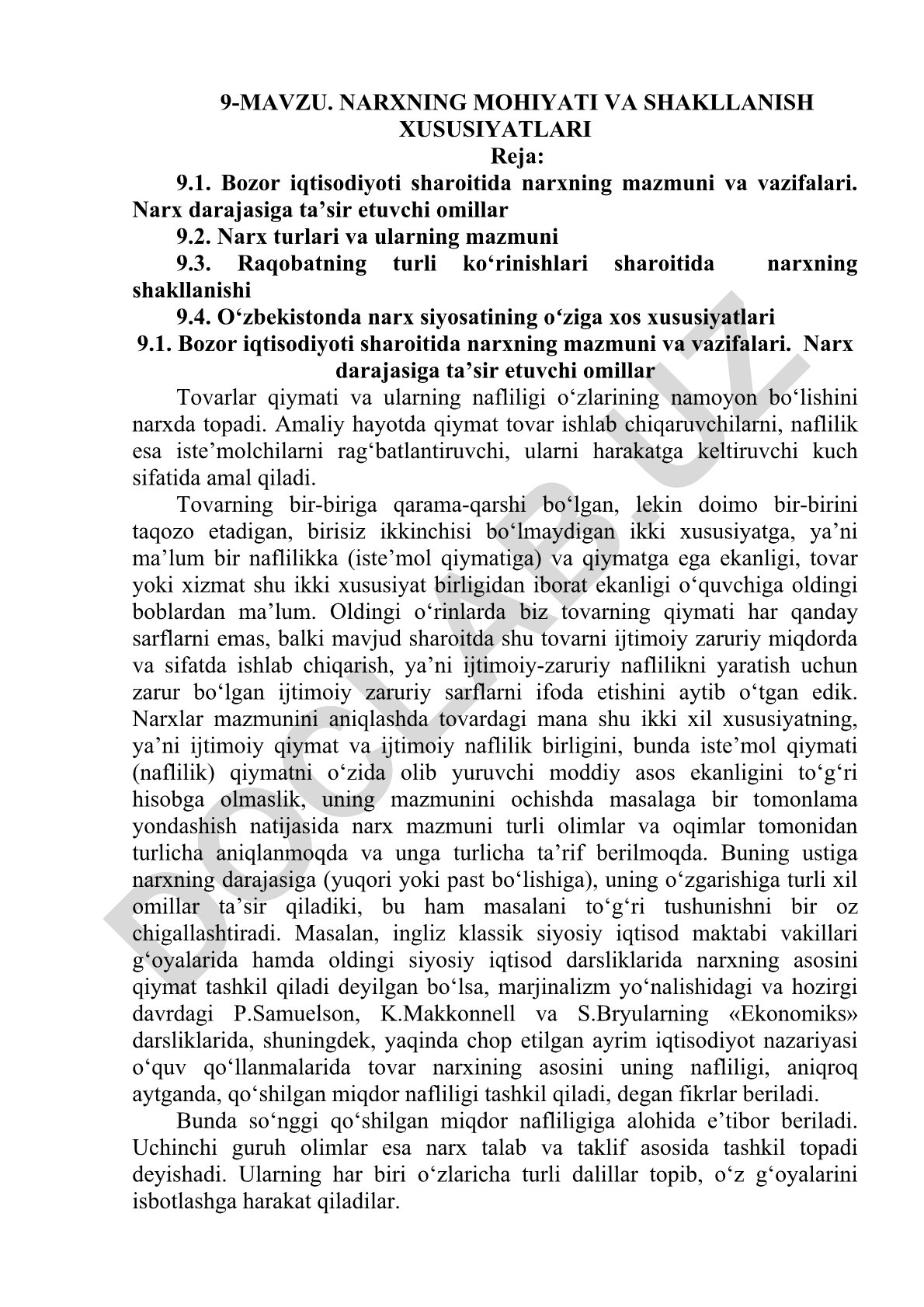 Narxning mohiyati va shakllanish xususiyatlari