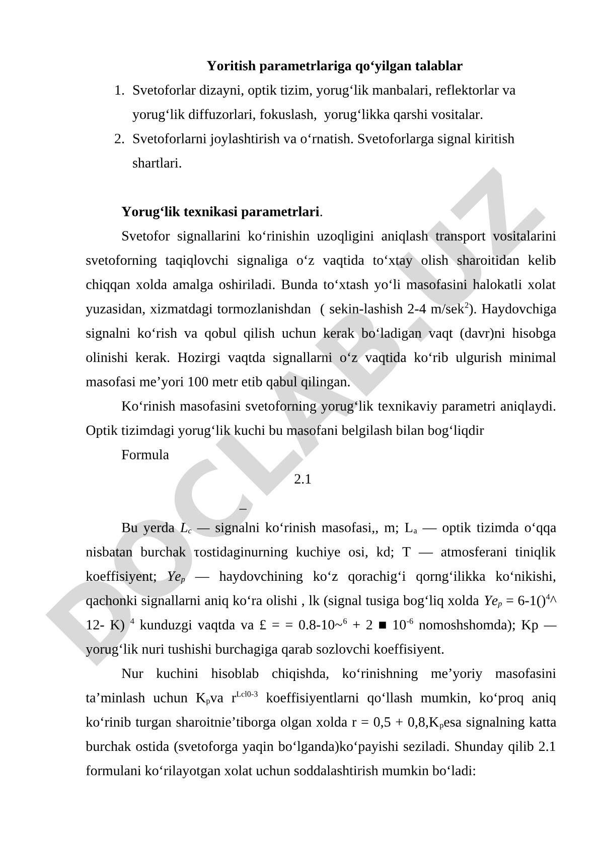 Yoritish parametrlariga qo'yilgan talablar