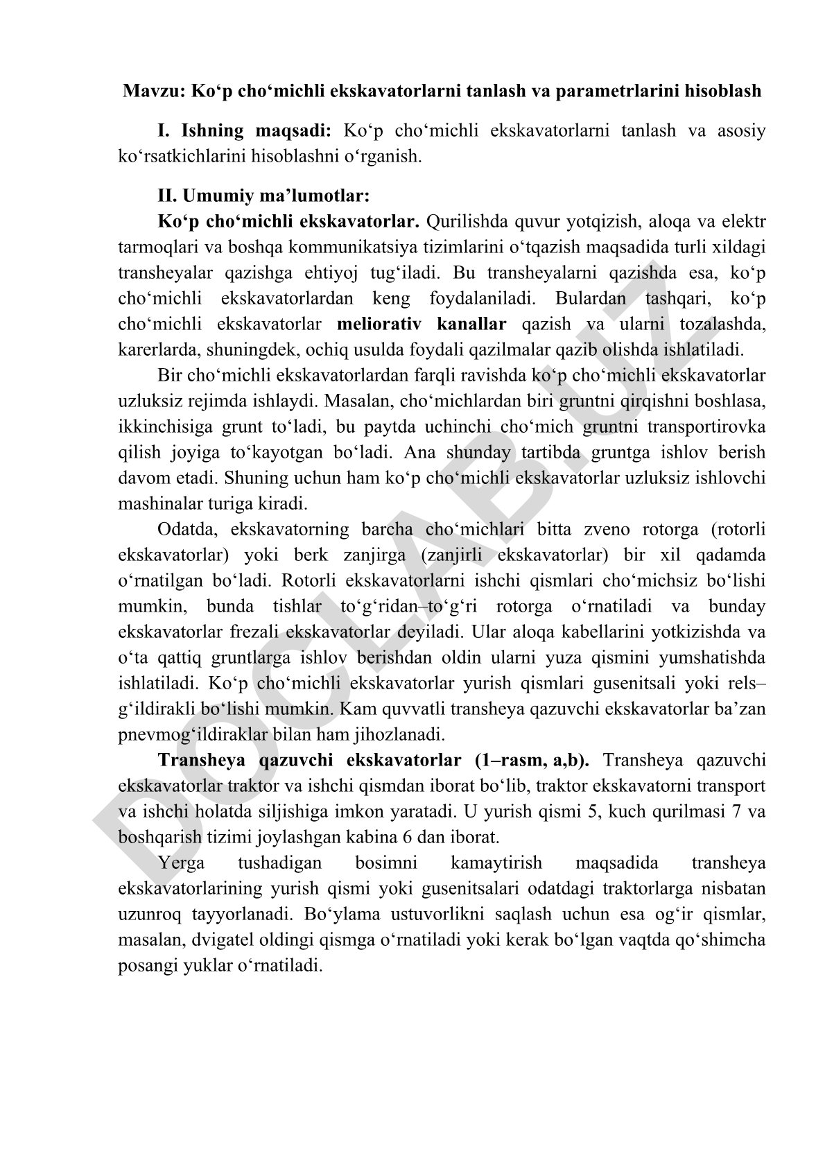 Ko‘p cho‘michli ekskavatorlarni tanlash va parametrlarini hisoblash