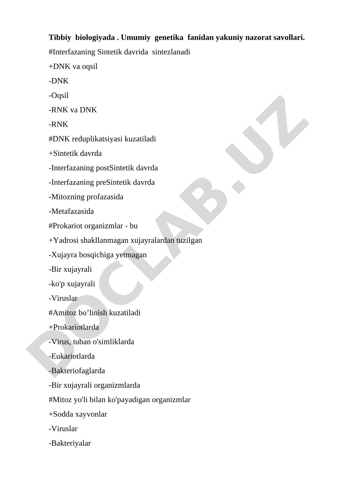 Tibbiy biologiyada umumiy genetika fanidan yakuniy nazorat savollari
