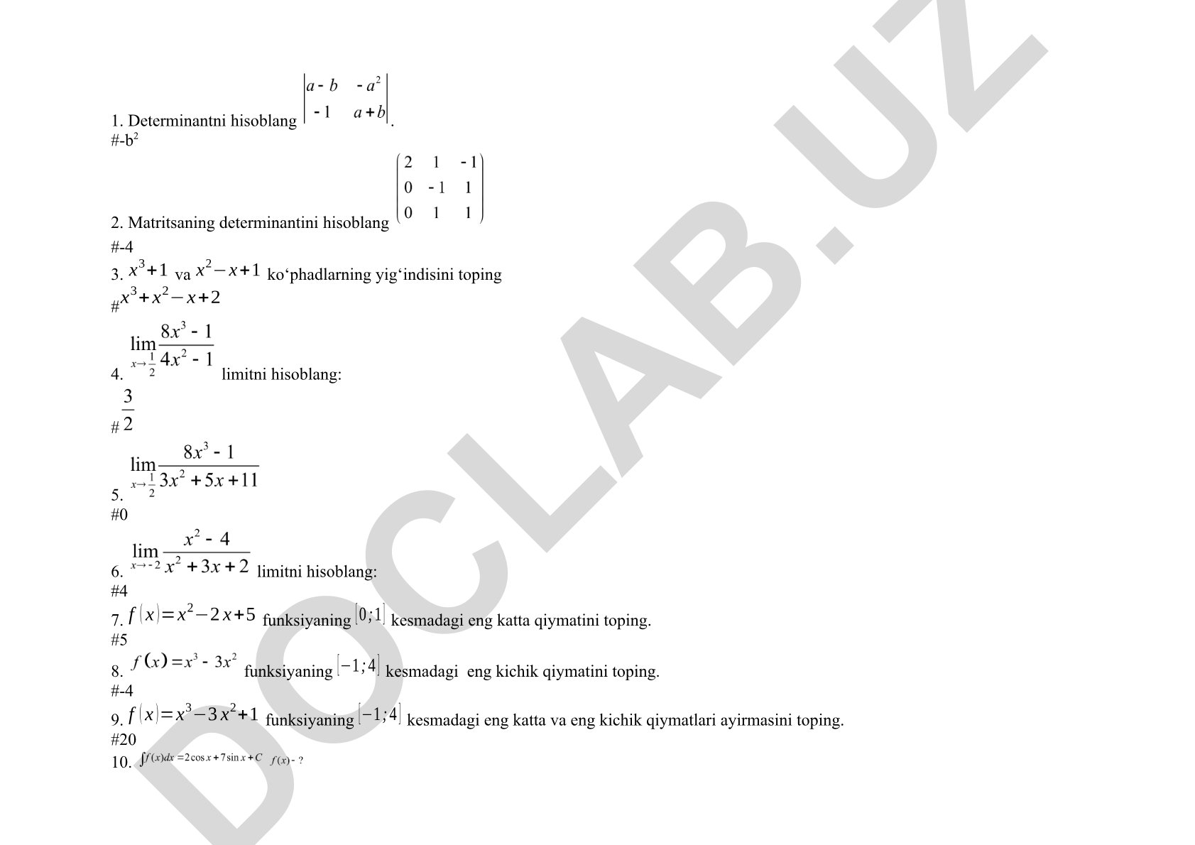 Matematik masalalar to'plami: determinantlar, limitlar va funksiyalar