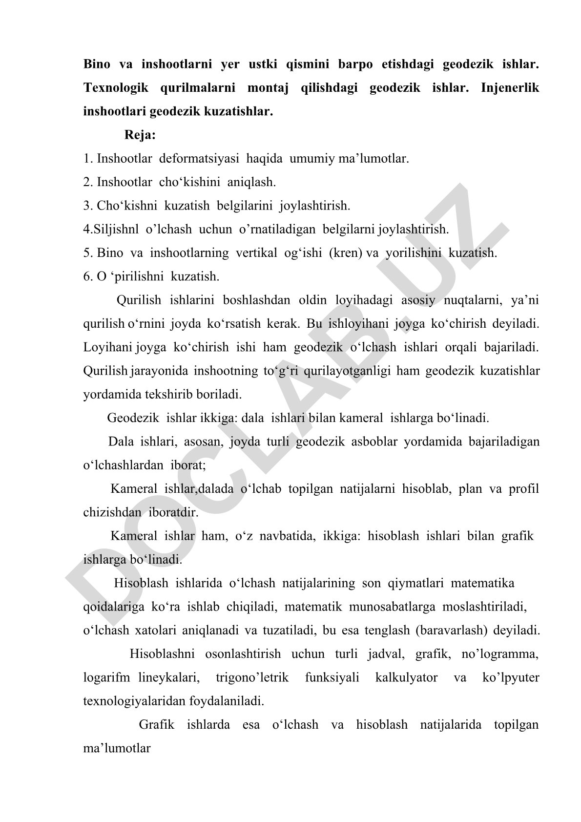 Bino va inshootlarni qurish va kuzatishdagi geodezik ishlar