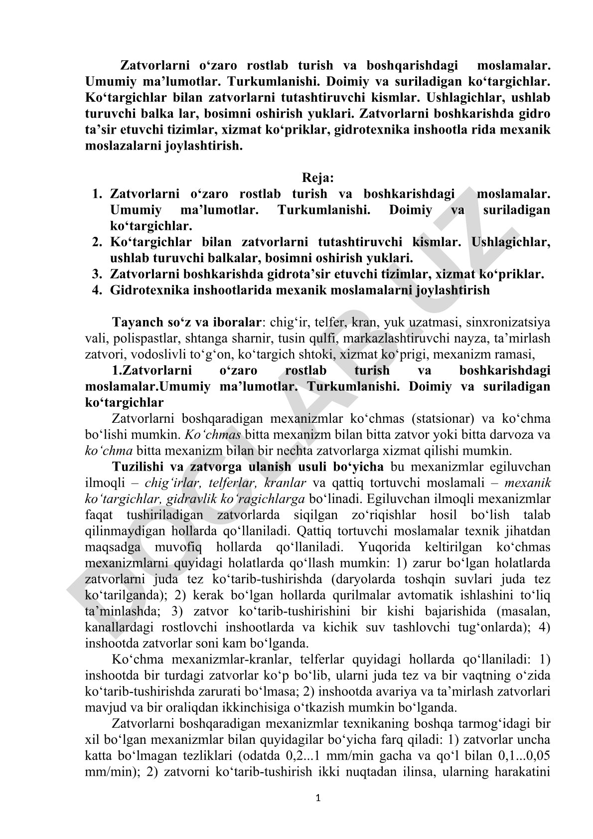 Zatvorlarni o'zaro rostlab turish va boshqarishdagi moslamalar