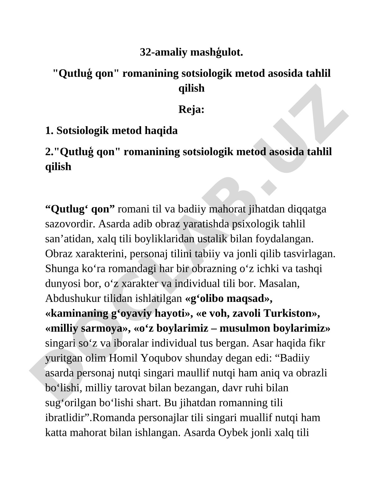 Qutlug' qon romanining sotsiologik metod asosida tahlil qilish