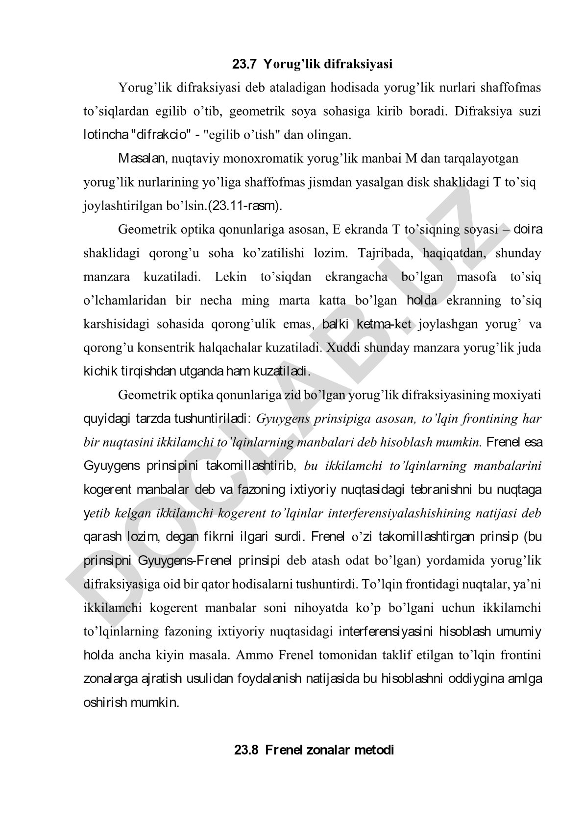 Yorug'lik difraksiyasi hodisasi va uning tushuntirilishi