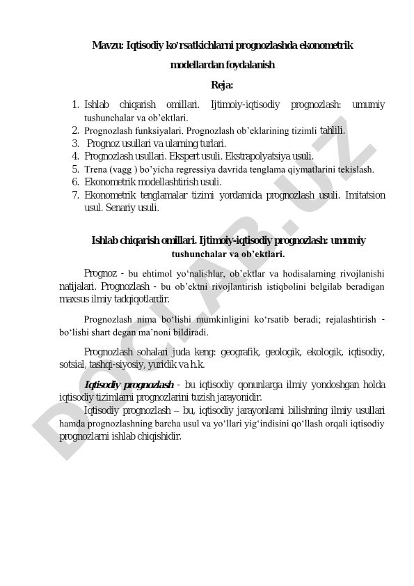 Iqtisodiy ko’rsatkichlarni prognozlashda ekonometrik modellardan foydalanish