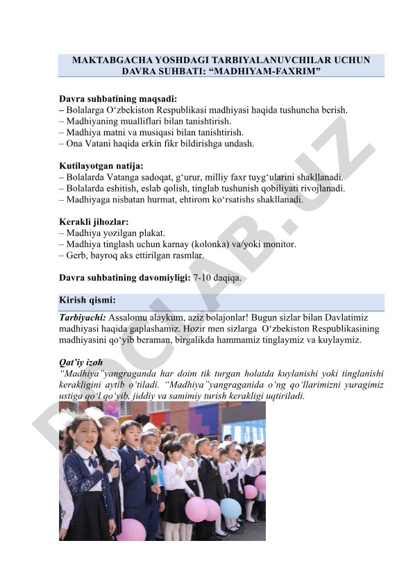 Maktabgacha yoshdagilar uchun "Madhiyam-faxrim" davra suhbati