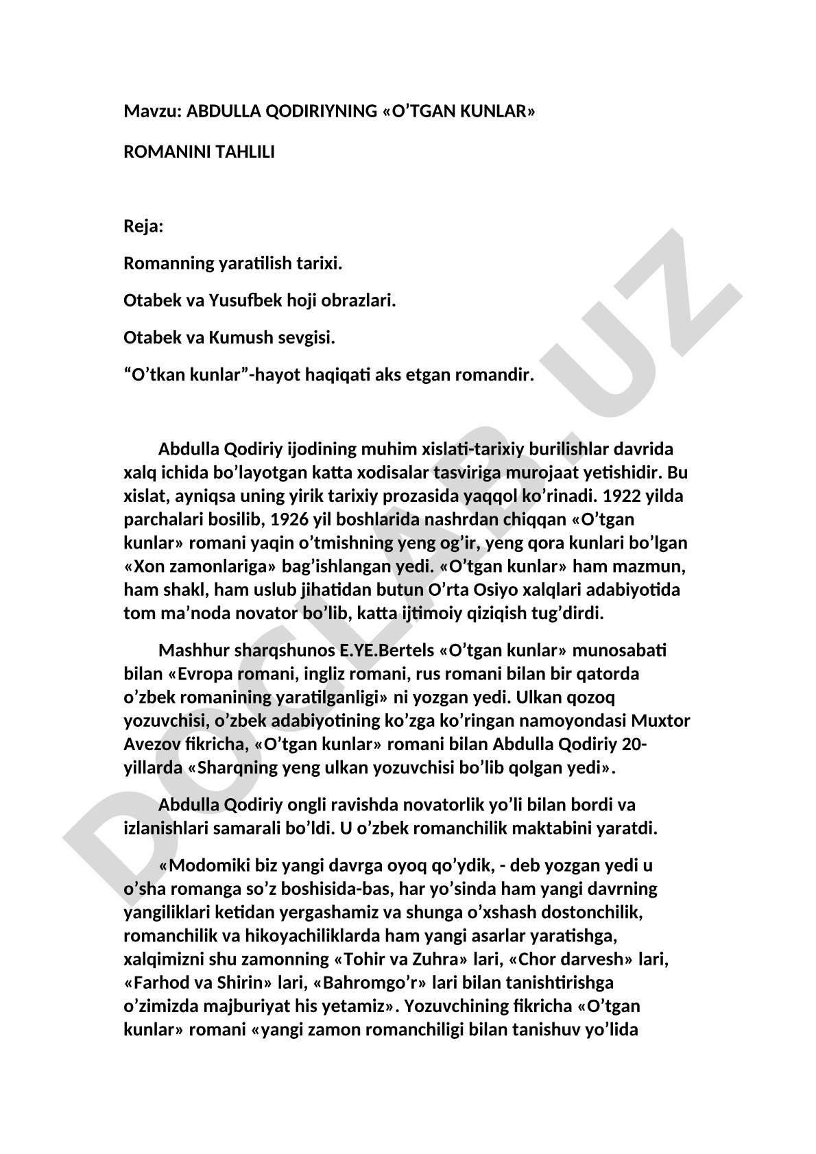 Abdulla Qodiriyning «O’tgan kunlar» romanini tahlili