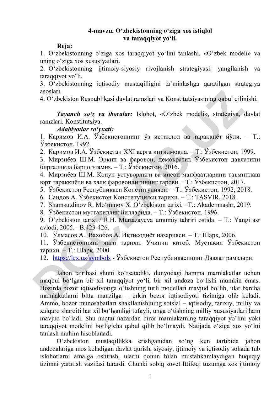 O‘zbekistonning o‘ziga xos istiqlol va taraqqiyot yo‘li